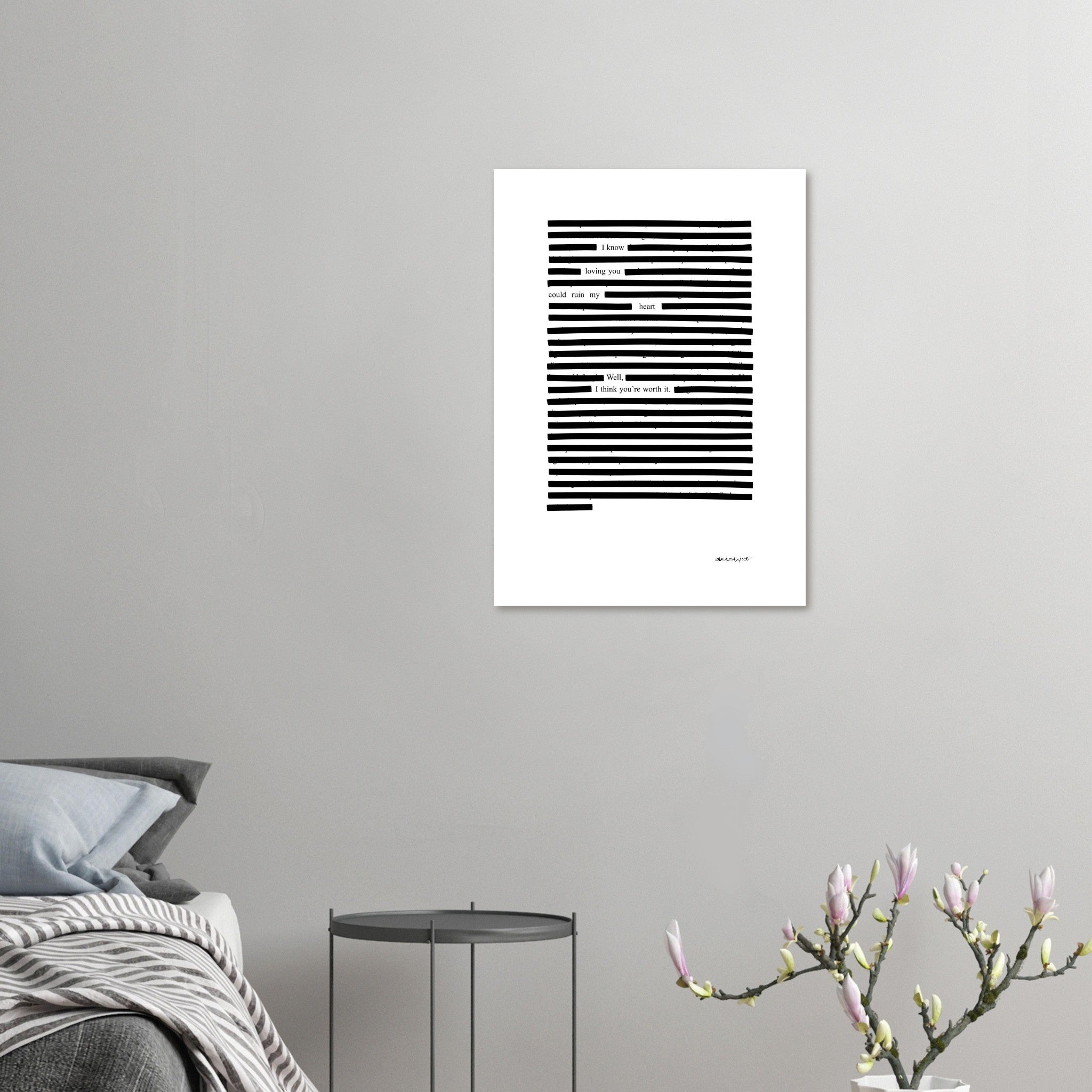 Large black and white poster with printed love poem.
Available in 5 sizes:
13x18 cm / 5x7″
21x29.7 cm / 8x12"
25x25 cm / 10x10″
30x40 cm / 12x16″
50x70 cm / 20x28″