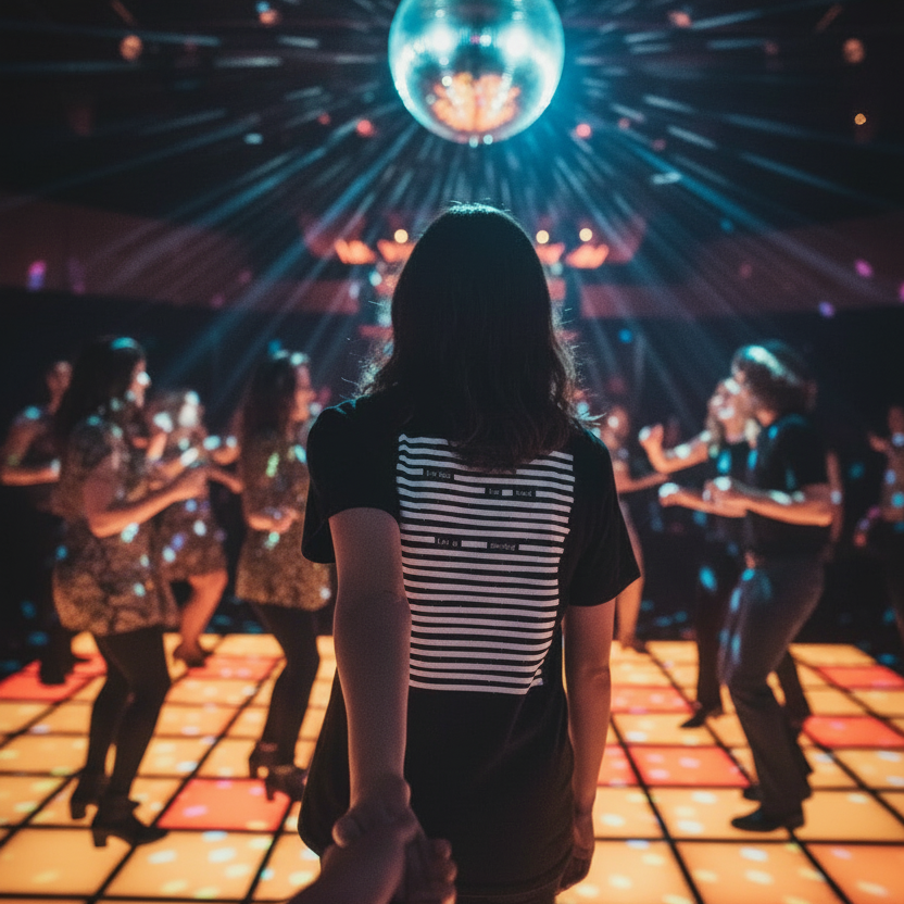 Woman wearing organic unisex cotton t-shirt pulling someone toward a dance floor, white on black design