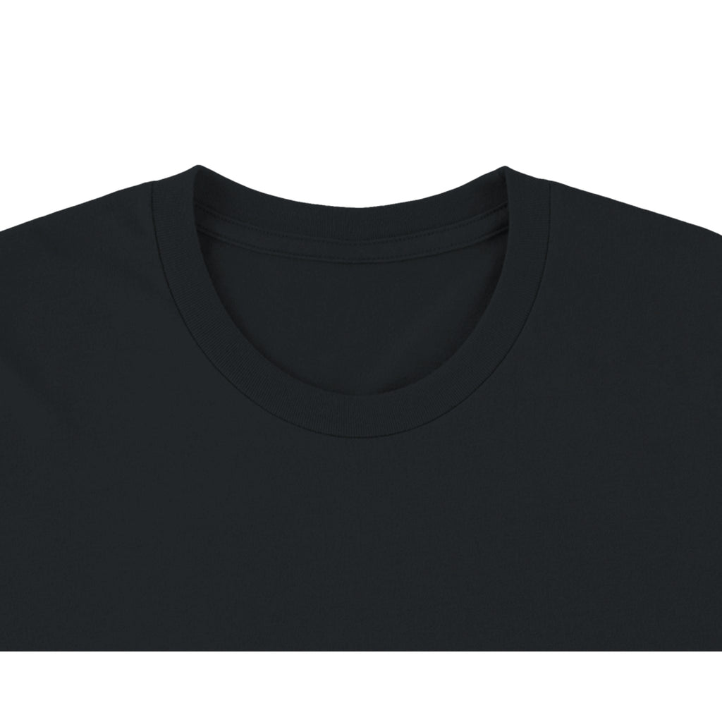 Black T-shirt front in organic cotton with printed poetry art unisex, white on black, black on black