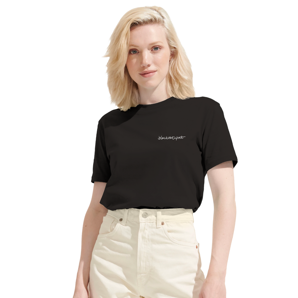 black organic T-shirt printed poetry art, white on black, black on black