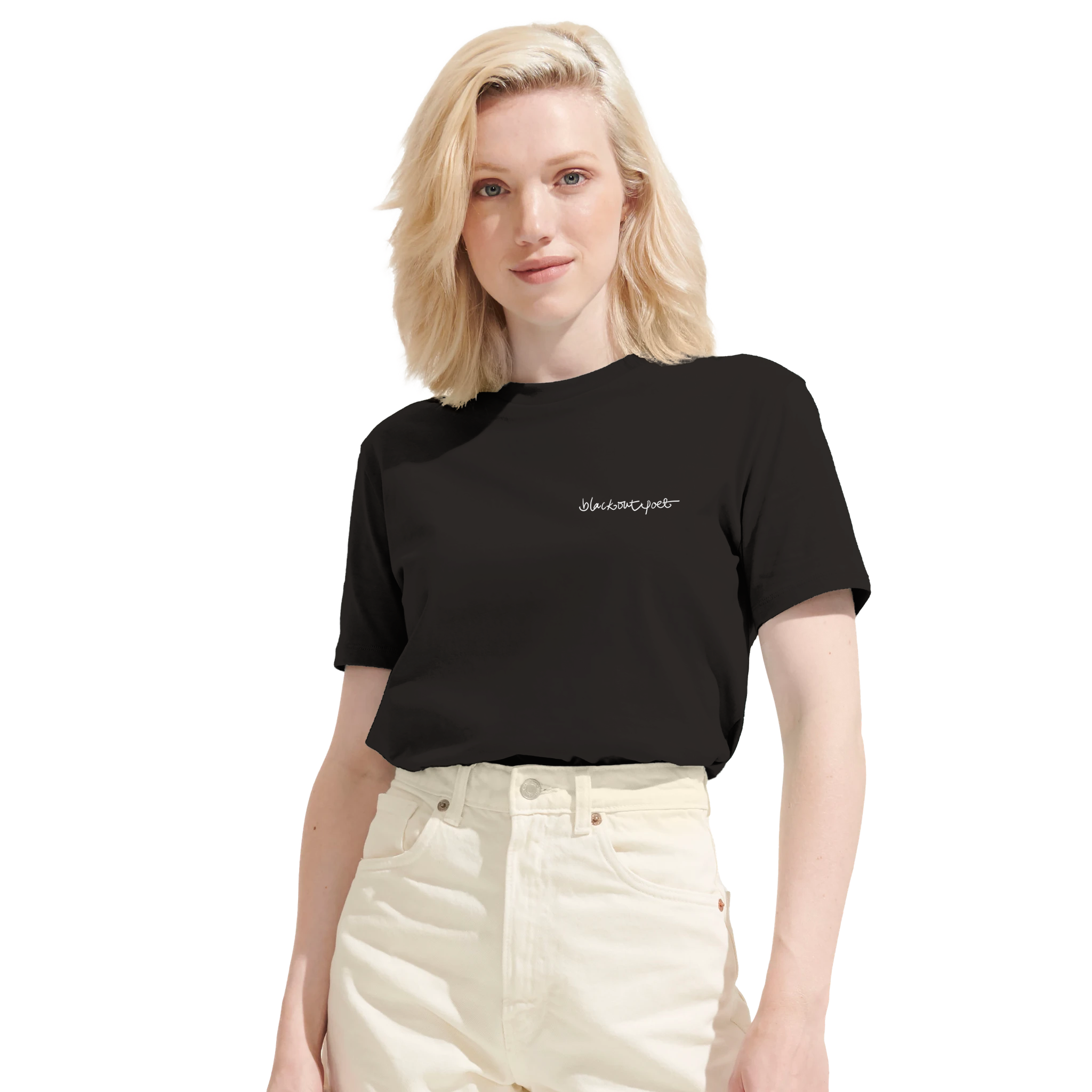 black organic T-shirt printed poetry art, white on black, black on black