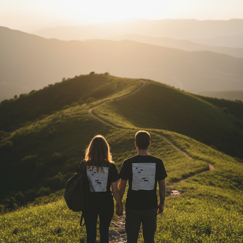 Image of couple hiking up a beautiful hill, both pictured from behind wearing black organic cotton t-shirt with graphic poetry print. White on black design.