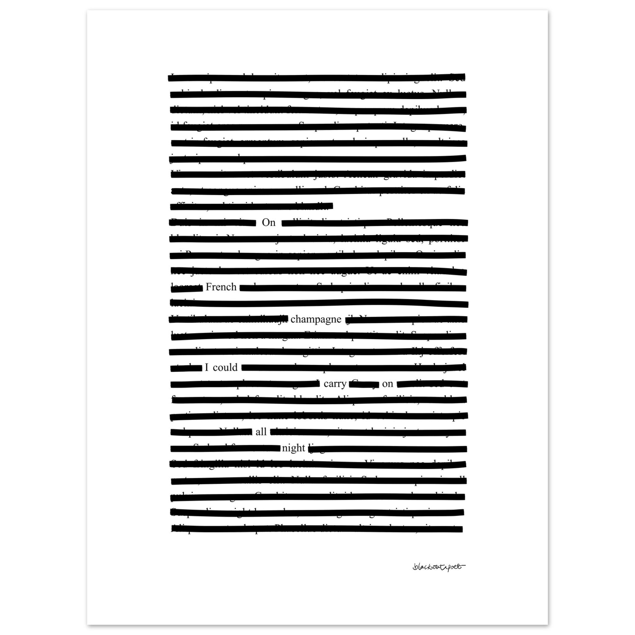 Black and white Blackout Poetry text art with horizontal lines on a white background