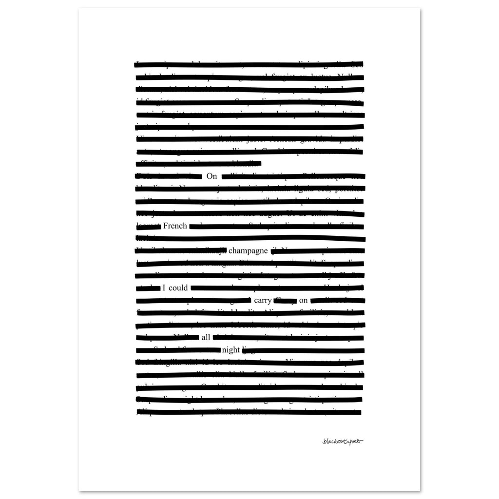 Black and white Blackout Poetry graphic art with horizontal lines on a white background, size 21x29.7 cm / 8x12"