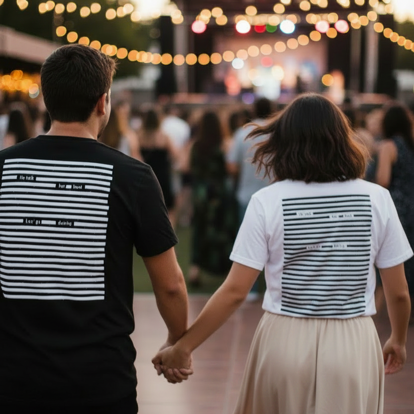 Couple pictured from behind, hand in hand heading towards a dance floor. Wearing black and white organic cotton t-shirts. Style: white on black, black on white