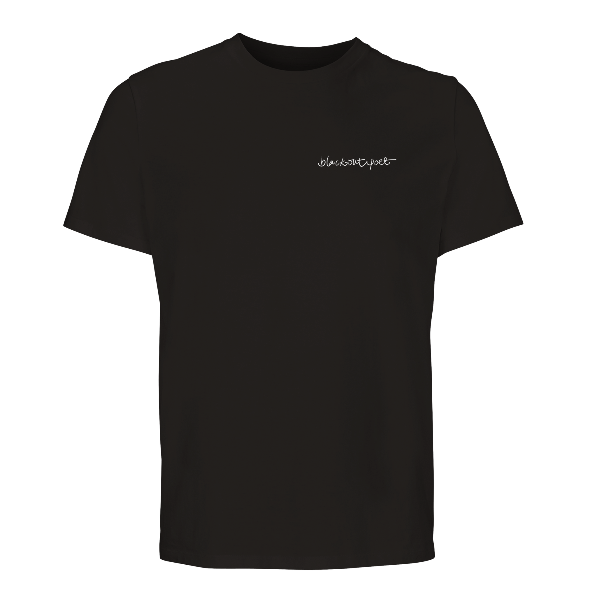 Blsck organic cotton T-shirt with white printed poetry art, black on black, white on black