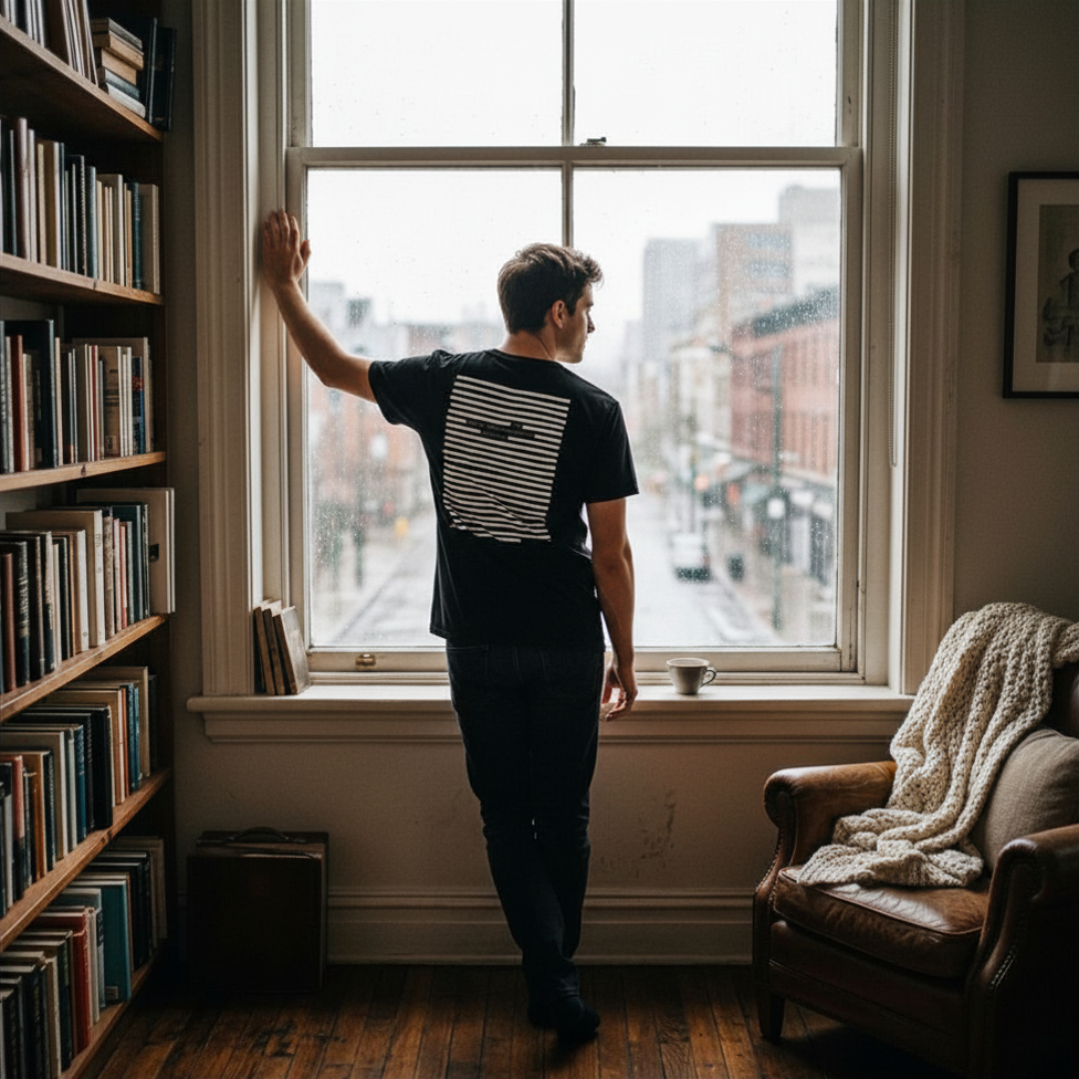 Lifestyle image of looking out a window, wearing a black organic cotton t-shirt. Style: white on black
