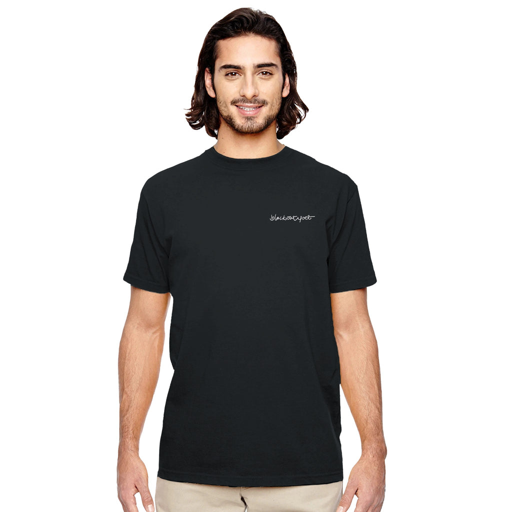 Black model wearing organic T-shirt with petry printed art, black on black, white on black