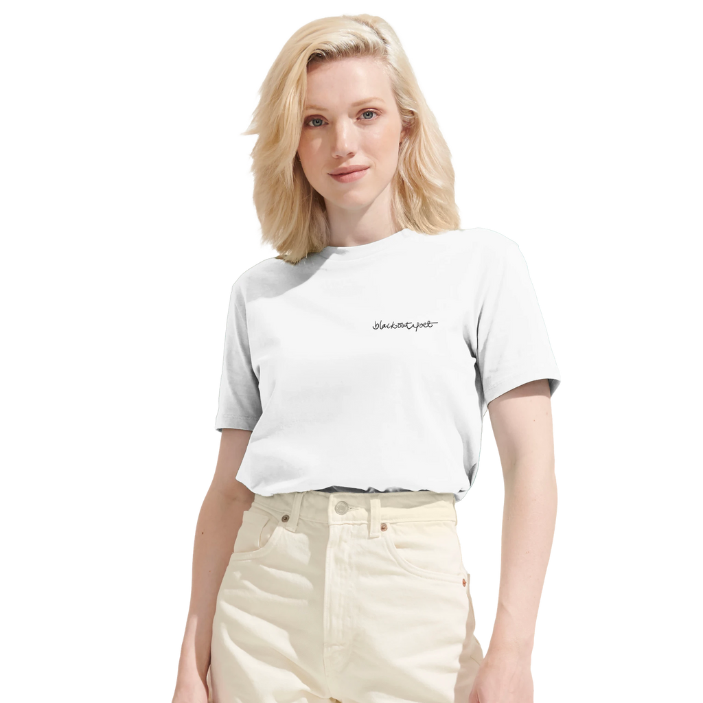 White modelphoto on organic T-shirt poetry art printed on, black on white