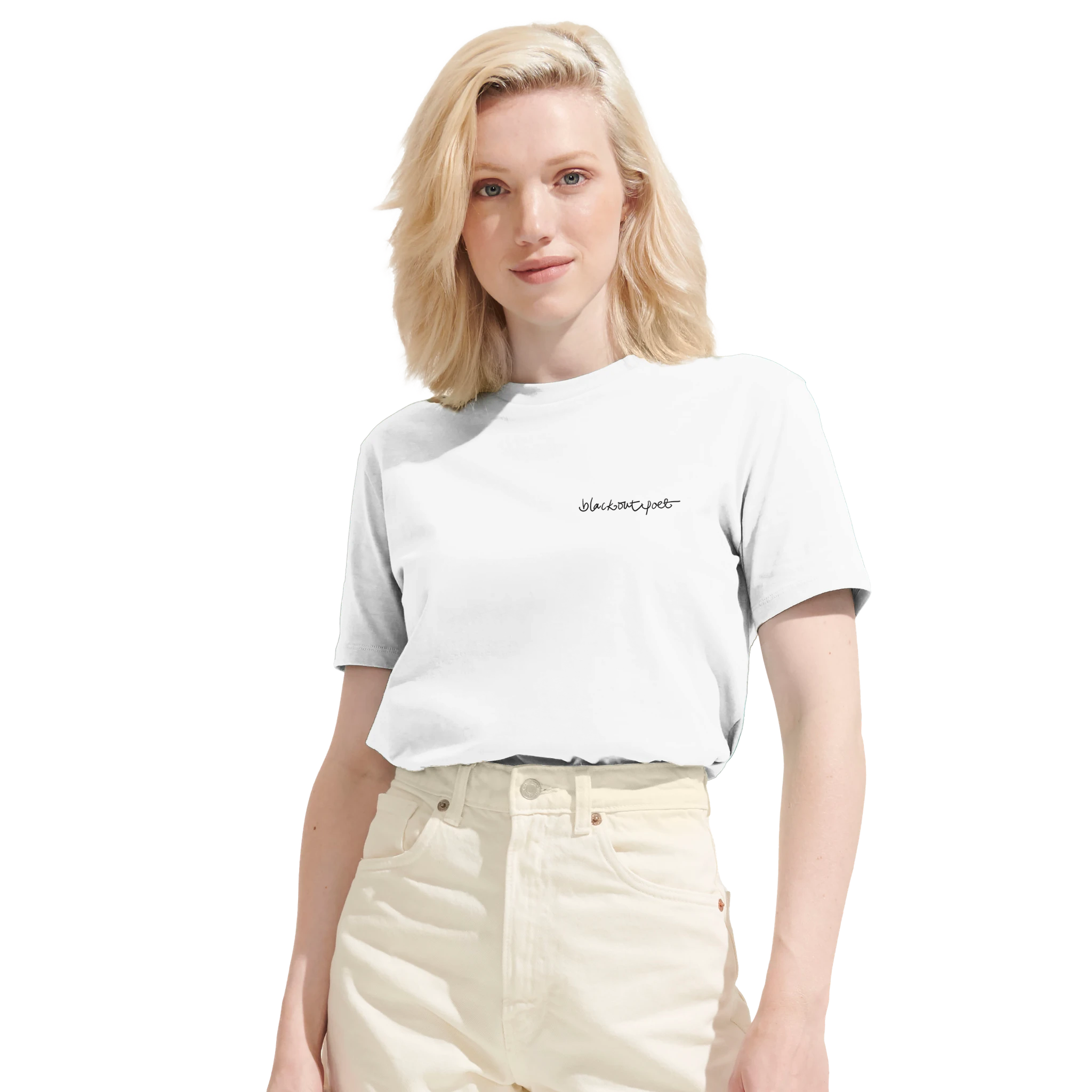 White modelphoto on organic T-shirt poetry art printed on, black on white