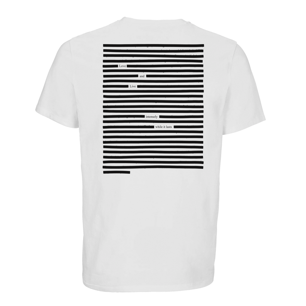 Sustainable white T-shirt with organic cotton with black printed poetry art, black on white