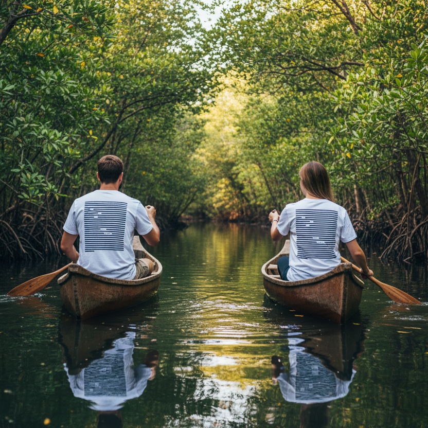 Man and woman paddling through mangrove, both wearing black on white poetry t-shirts
