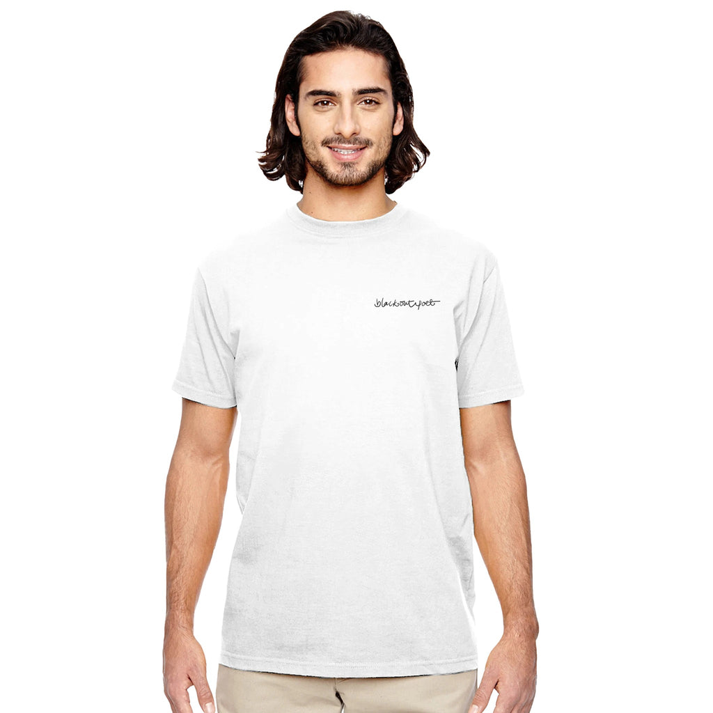 White T-shirt organic cotton printed poetry art, black on white