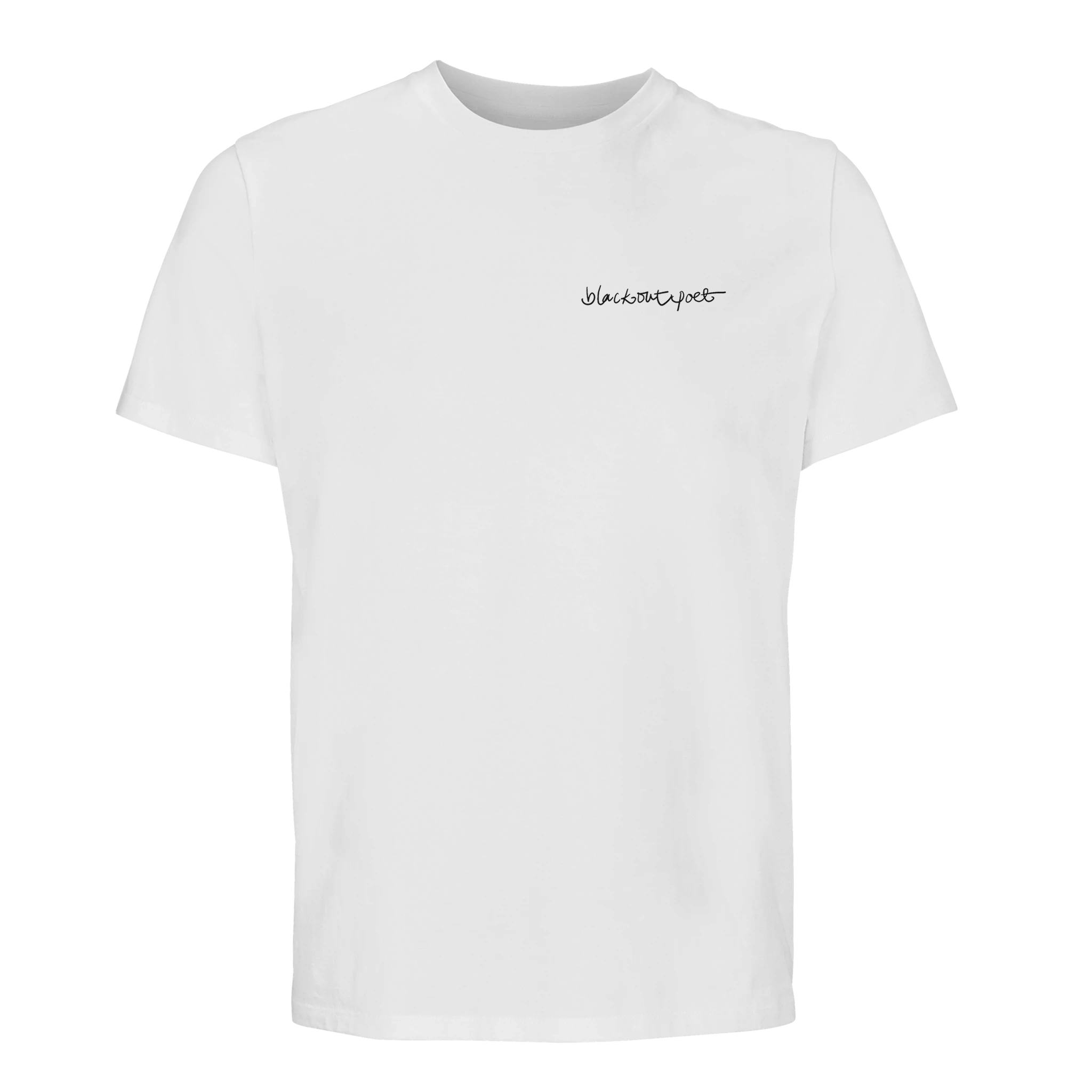 front White T-shirt with black printed poetry art, black on white