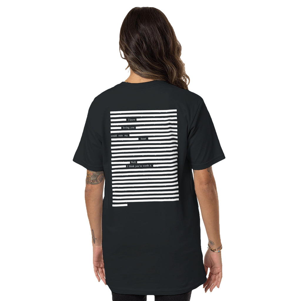 Black T-shirt on woman organic cotton blackout poetry printed, white on black