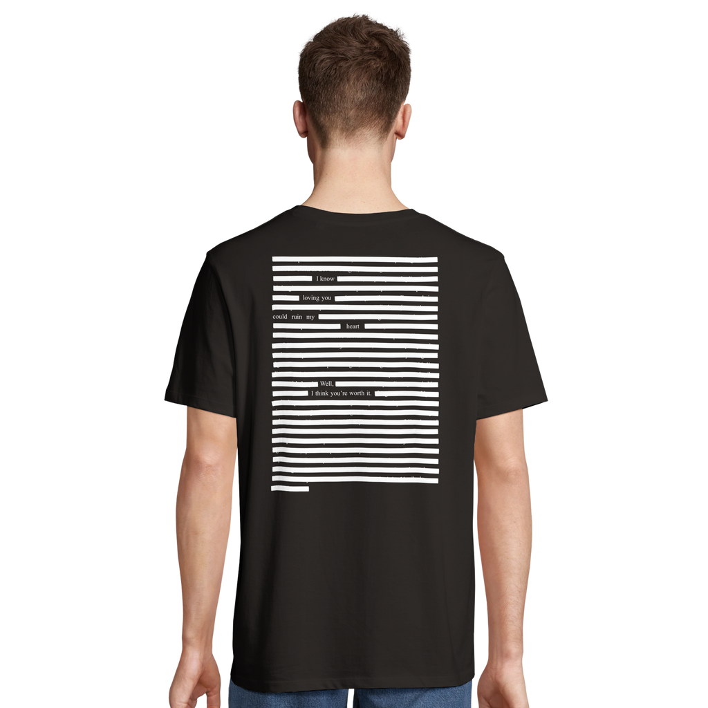 black t-shirt organic cotton model petry art printed, white on black