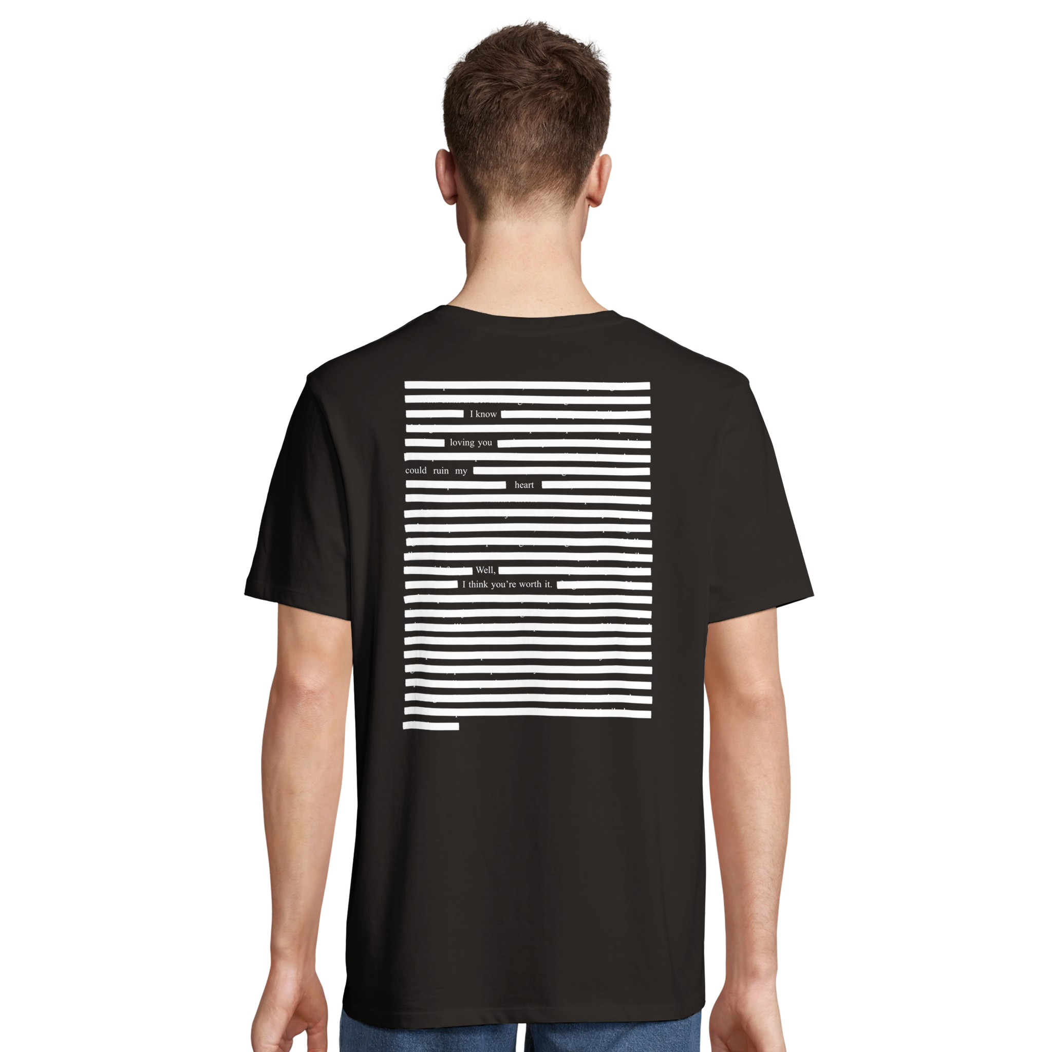 black t-shirt organic cotton model petry art printed, white on black